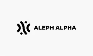 Logo der Firma Aleph Alpha auf weißem Hintergrund, links ein abstraktes, schwarzes Symbol